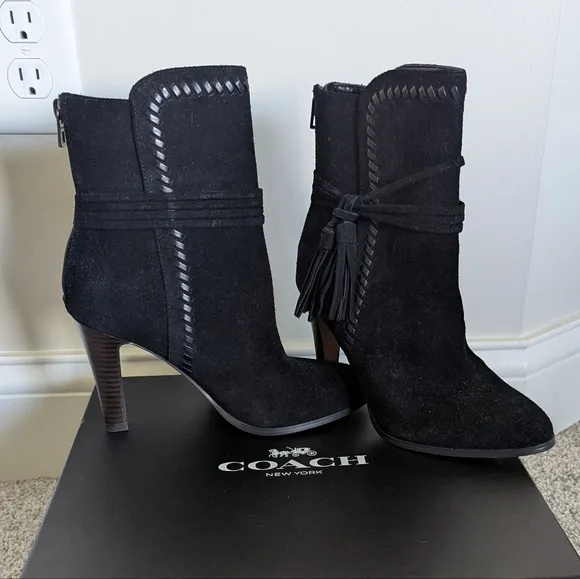 Coach Jessie Suede Silky Nappa Black Tassel Heeled Boots sz 7