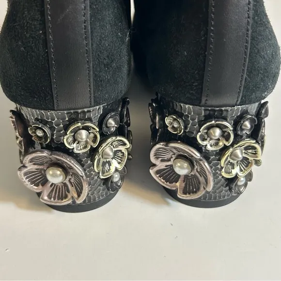 Coach Juliet Ankle Black Suede Leather Velvet Booties Flower Heel Size 5.5