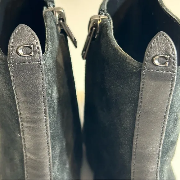 Coach Juliet Ankle Black Suede Leather Velvet Booties Flower Heel Size 5.5