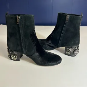 Coach Juliet Ankle Black Suede Leather Velvet Booties Flower Heel Size 5.5
