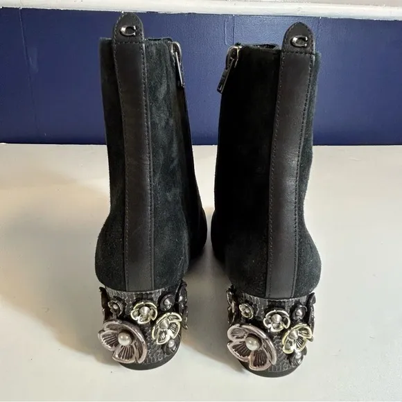 Coach Juliet Ankle Black Suede Leather Velvet Booties Flower Heel Size 5.5