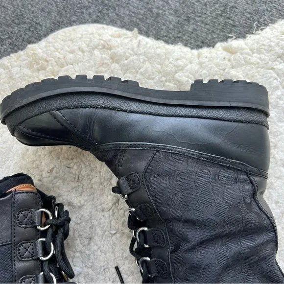 COACH Laura Black Signature Leather/Rubber Silver Hardwear Boots Lace Up Size 7