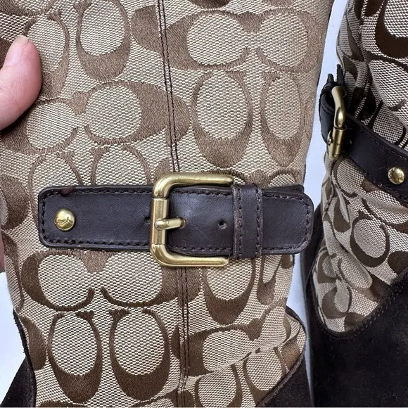 Coach Tinah Q1357 Signature Canvas &amp; Suede Boots Brown Size 9.5