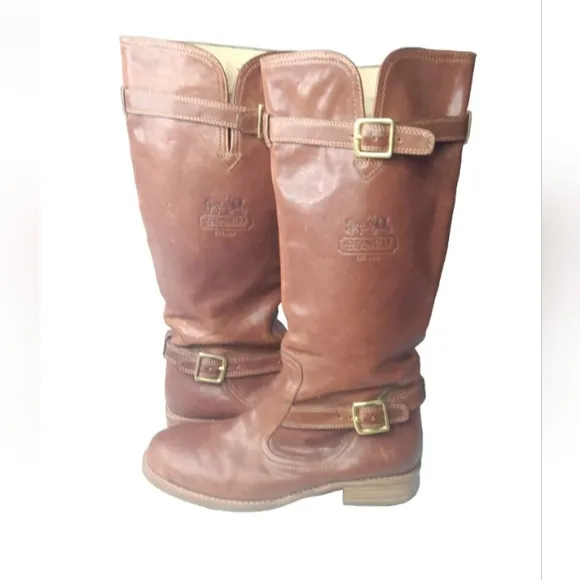 COACH Whitley Leather Riding Boots Size 7.5 M Cognac Brown
