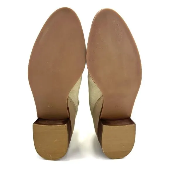 COCONUT By MATISSE “CECILIA” TAN/GRAY LEATHER CHUNKY HEEL NOTCHED FRONT BOOTIE🆕