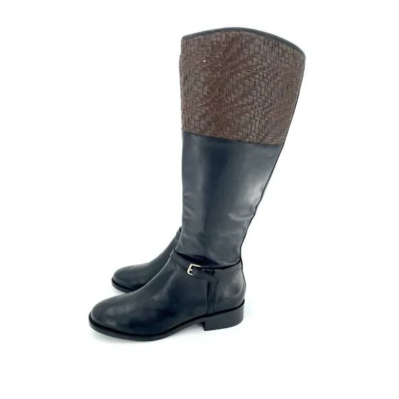 Cole Haan Boots Genevieve Woven Black Brown Leather Riding SZ 6 New $450