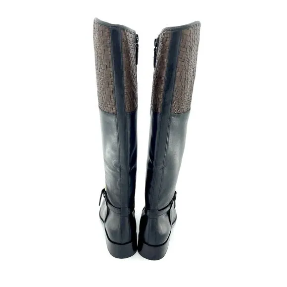 Cole Haan Boots Genevieve Woven Black Brown Leather Riding SZ 6 New $450