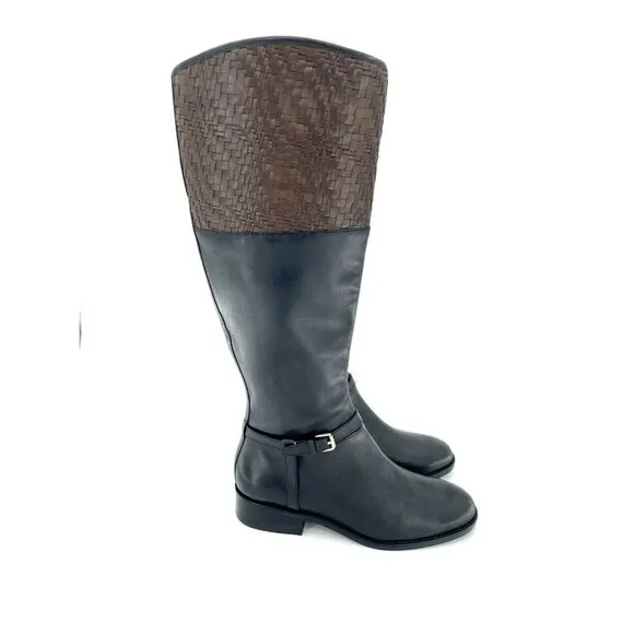 Cole Haan Boots Genevieve Woven Black Brown Leather Riding SZ 6 New $450