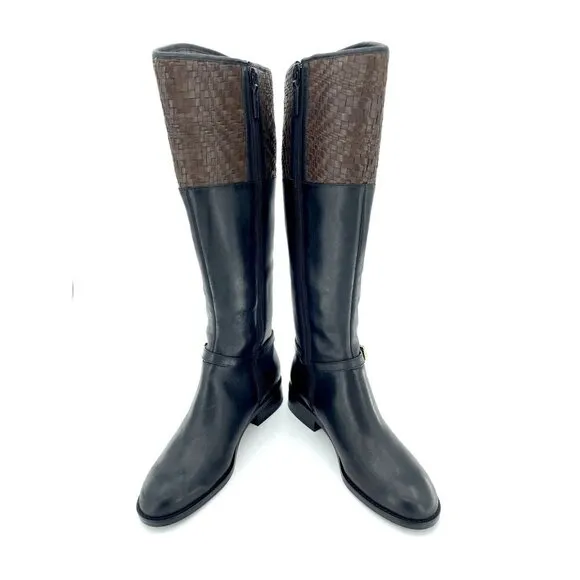 Cole Haan Boots Genevieve Woven Black Brown Leather Riding SZ 6 New $450