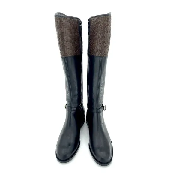Cole Haan Boots Genevieve Woven Black Brown Leather Riding SZ 6 New $450