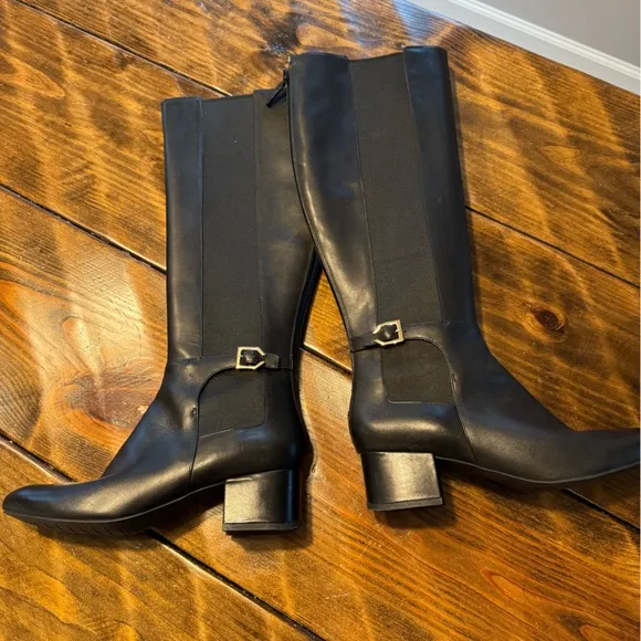 COLE HAAN LEATHER Avani Stretch Black Riding Boots-9.5