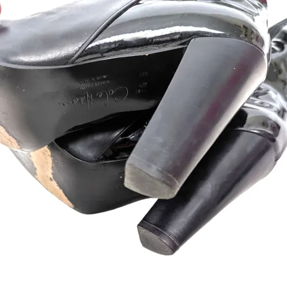Cole Haan Leather Knee High Boots Heeled Patent Leather Womens 7.5 Black Block