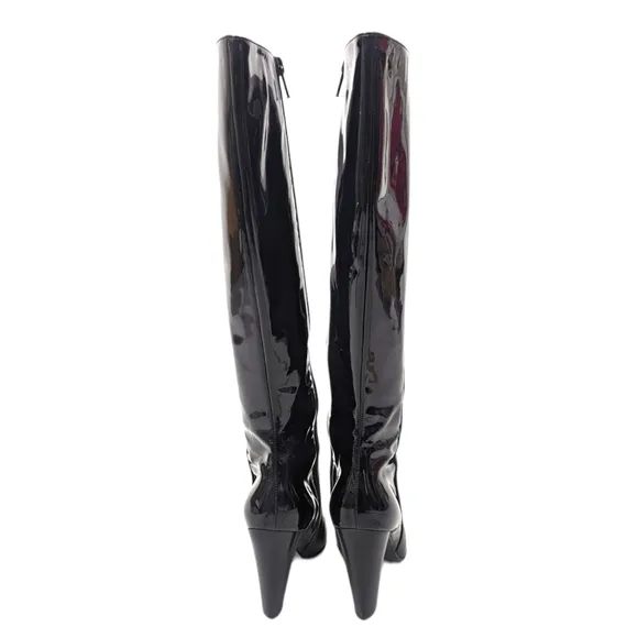 Cole Haan Leather Knee High Boots Heeled Patent Leather Womens 7.5 Black Block