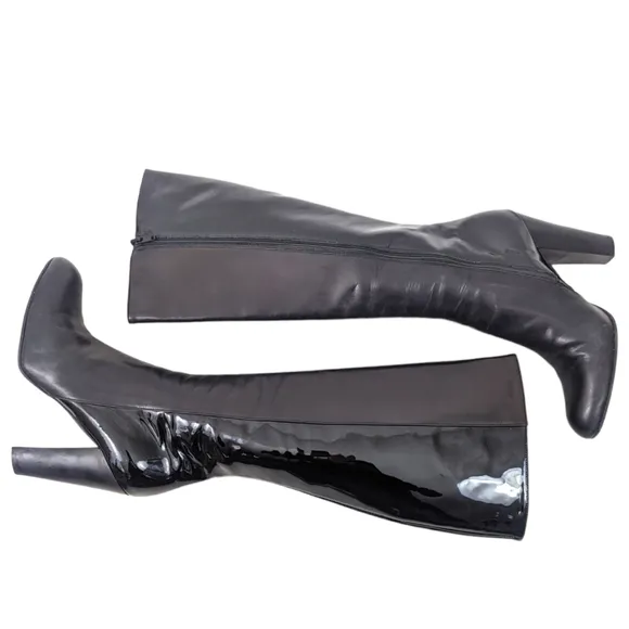 Cole Haan Leather Knee High Boots Heeled Patent Leather Womens 7.5 Black Block