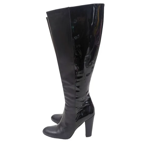 Cole Haan Leather Knee High Boots Heeled Patent Leather Womens 7.5 Black Block