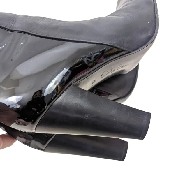 Cole Haan Leather Knee High Boots Heeled Patent Leather Womens 7.5 Black Block