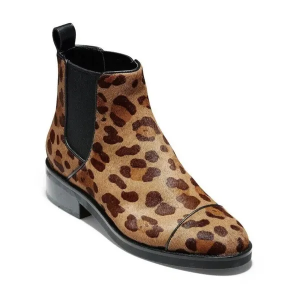 Cole Haan Mara Grand Brown Tan Leopard Print Calf Hair Chelsea Booties 7
