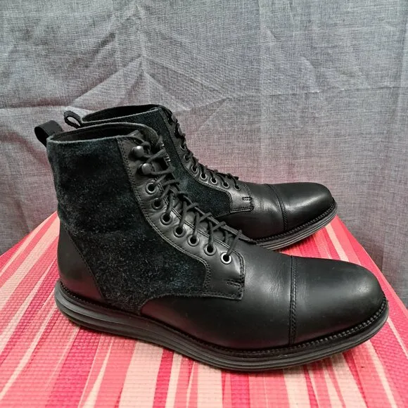 Cole Haan Mens Original Grand OS Cap Toe Laced Boots Black Leather Sz 10.5M