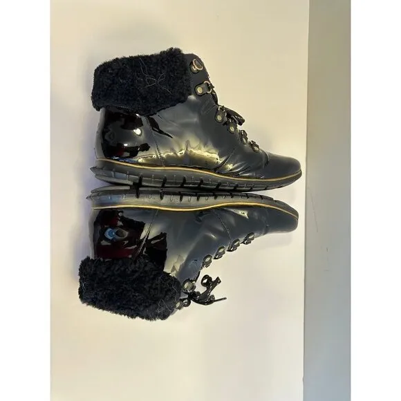 Cole Haan Women’s Zerogrand Black Patent Leather Hiker Boots Lined Size 11 B