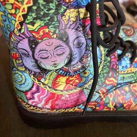Colorful Boots Sz 10 woman’s or 8 men’s, sun/moon design, psychedelic look