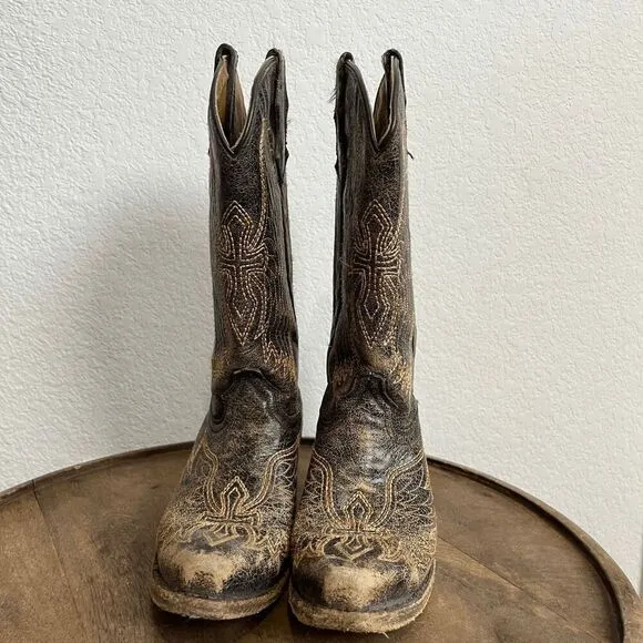 Corral Boots Teens Wing &amp; Gross Brown Gold Western Cowboy Boots Youth Size 2