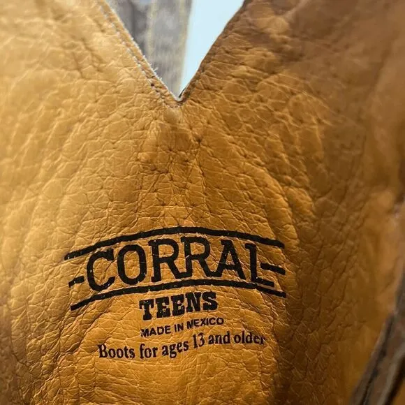 Corral Boots Teens Wing &amp; Gross Brown Gold Western Cowboy Boots Youth Size 2