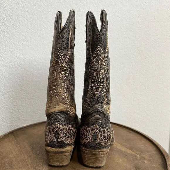 Corral Boots Teens Wing &amp; Gross Brown Gold Western Cowboy Boots Youth Size 2