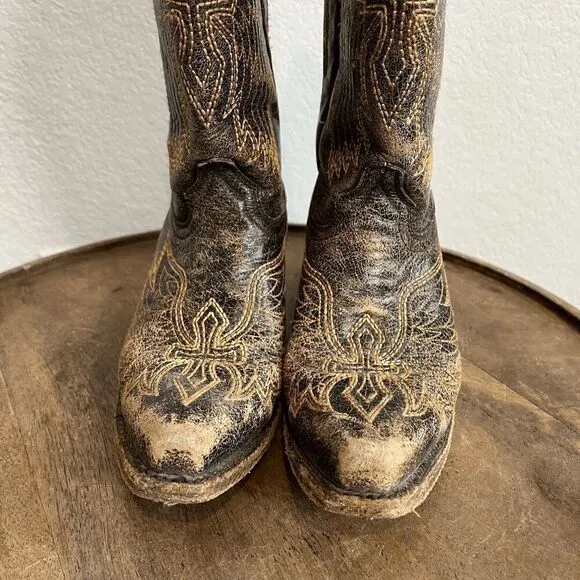 Corral Boots Teens Wing &amp; Gross Brown Gold Western Cowboy Boots Youth Size 2