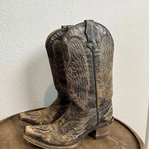 Corral Boots Teens Wing &amp; Gross Brown Gold Western Cowboy Boots Youth Size 2