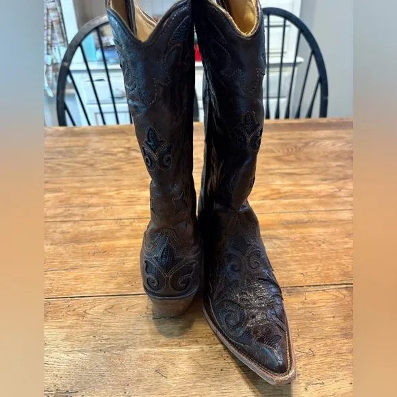 Corral- Ladies Vtg Chocolate Lizard Overlay Patchwork Cowboy Boots C2109 size 9
