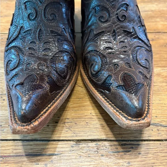Corral- Ladies Vtg Chocolate Lizard Overlay Patchwork Cowboy Boots C2109 size 9