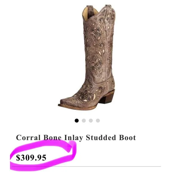 Corral Women’s Brown Leather Bone Inlay Studded Snip Toe Western Cowboy Boots