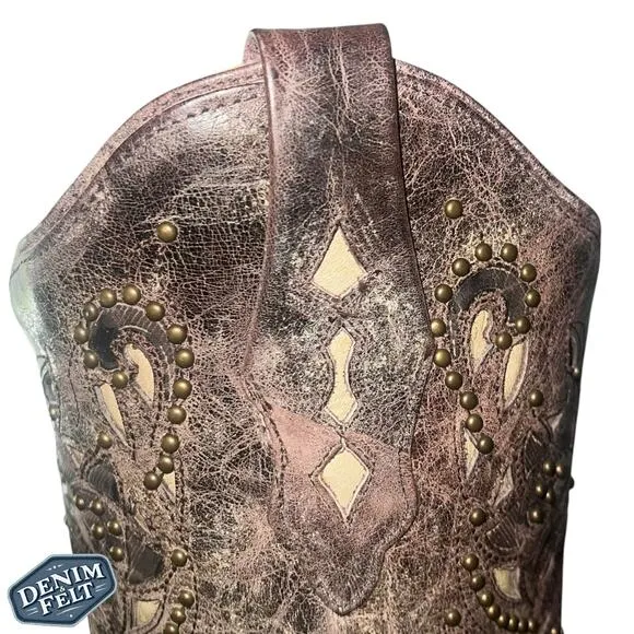 Corral Women’s Brown Leather Bone Inlay Studded Snip Toe Western Cowboy Boots