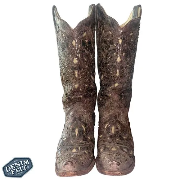 Corral Women’s Brown Leather Bone Inlay Studded Snip Toe Western Cowboy Boots