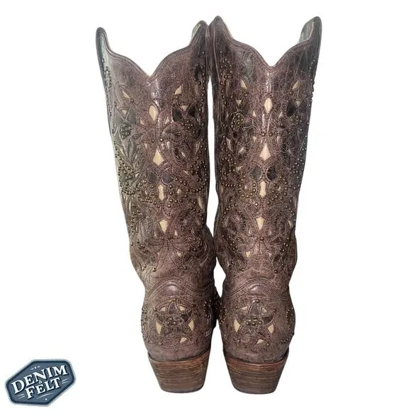 Corral Women’s Brown Leather Bone Inlay Studded Snip Toe Western Cowboy Boots
