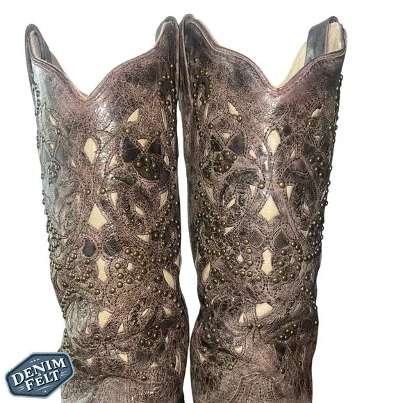 Corral Women’s Brown Leather Bone Inlay Studded Snip Toe Western Cowboy Boots