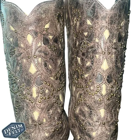 Corral Women’s Brown Leather Bone Inlay Studded Snip Toe Western Cowboy Boots