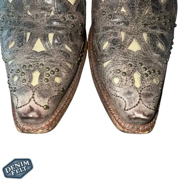 Corral Women’s Brown Leather Bone Inlay Studded Snip Toe Western Cowboy Boots