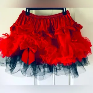 Costume mini skirt Ruffles ribbons tulle &amp; bows Red &amp; Black elastic waist sz S-L