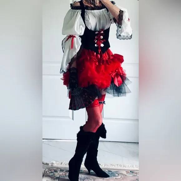 Costume mini skirt Ruffles ribbons tulle &amp; bows Red &amp; Black elastic waist sz S-L