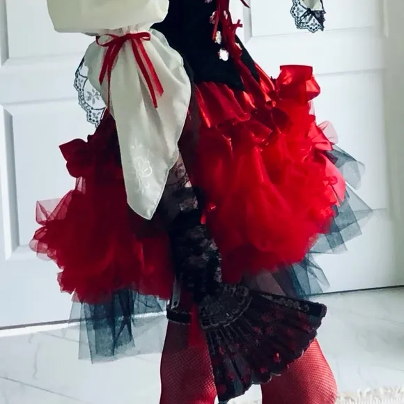 Costume mini skirt Ruffles ribbons tulle &amp; bows Red &amp; Black elastic waist sz S-L