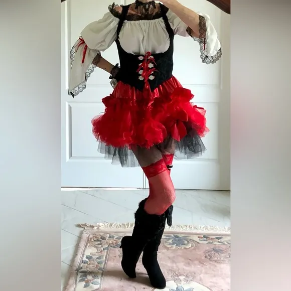 Costume mini skirt Ruffles ribbons tulle &amp; bows Red &amp; Black elastic waist sz S-L