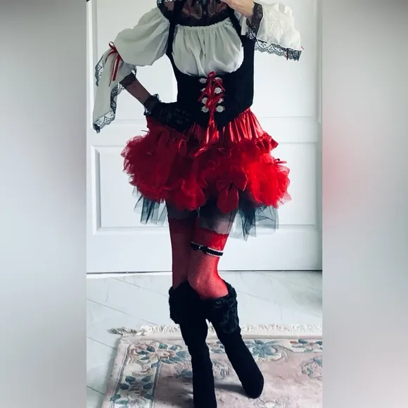 Costume mini skirt Ruffles ribbons tulle &amp; bows Red &amp; Black elastic waist sz S-L