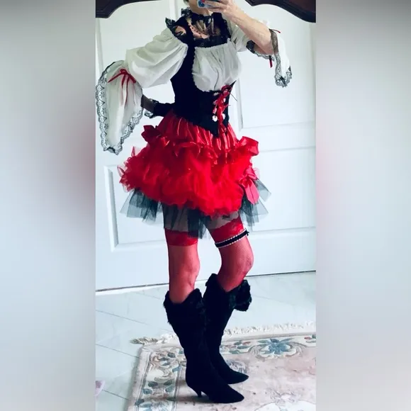 Costume mini skirt Ruffles ribbons tulle &amp; bows Red &amp; Black elastic waist sz S-L