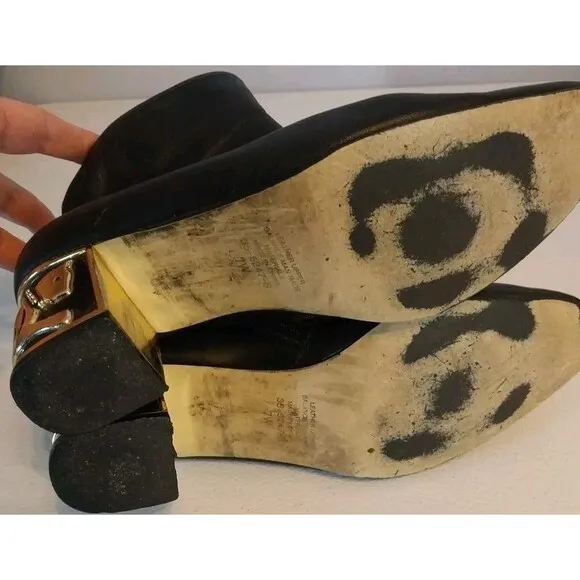 Coup D'Etat LTD Boots Sz 7W Black Leather Chunky Cat Heel Side Zip Pointed Toe