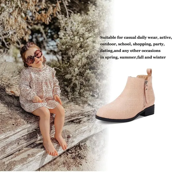 Coutgo Girl’s Kids Ankle Boots Round Toe Faux Suede Low Block Heel Platform
