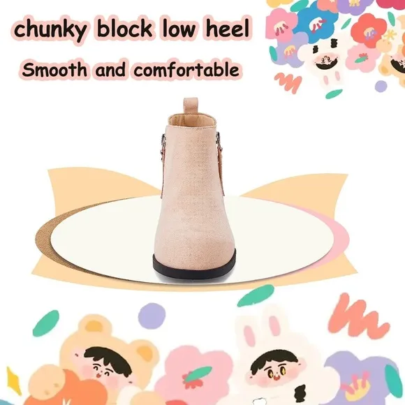 Coutgo Girl’s Kids Ankle Boots Round Toe Faux Suede Low Block Heel Platform