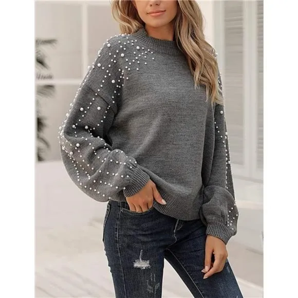 Crewneck Sweatshirt Knit Lantern Sleeve Oversized Pullover Sweater For Women