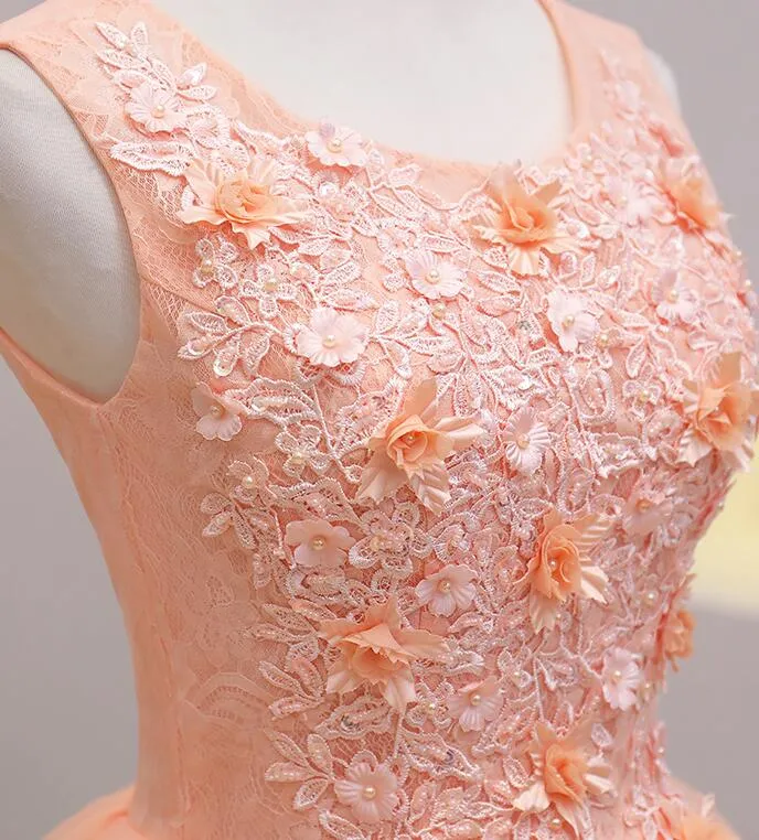 Cute Pink Flowers and Lace Applique Round Neckline Party Dress, Pink Homecoming Dress
