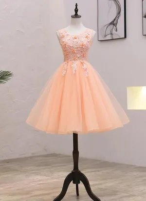 Cute Pink Flowers and Lace Applique Round Neckline Party Dress, Pink Homecoming Dress